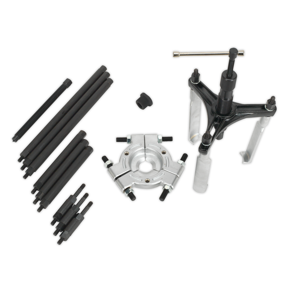 A set of automotive tools, including the Sealey Hydraulic Bearing Separator/Puller (PS9821), gear puller set, various rods, and bolts, all laid out on a plain white background.