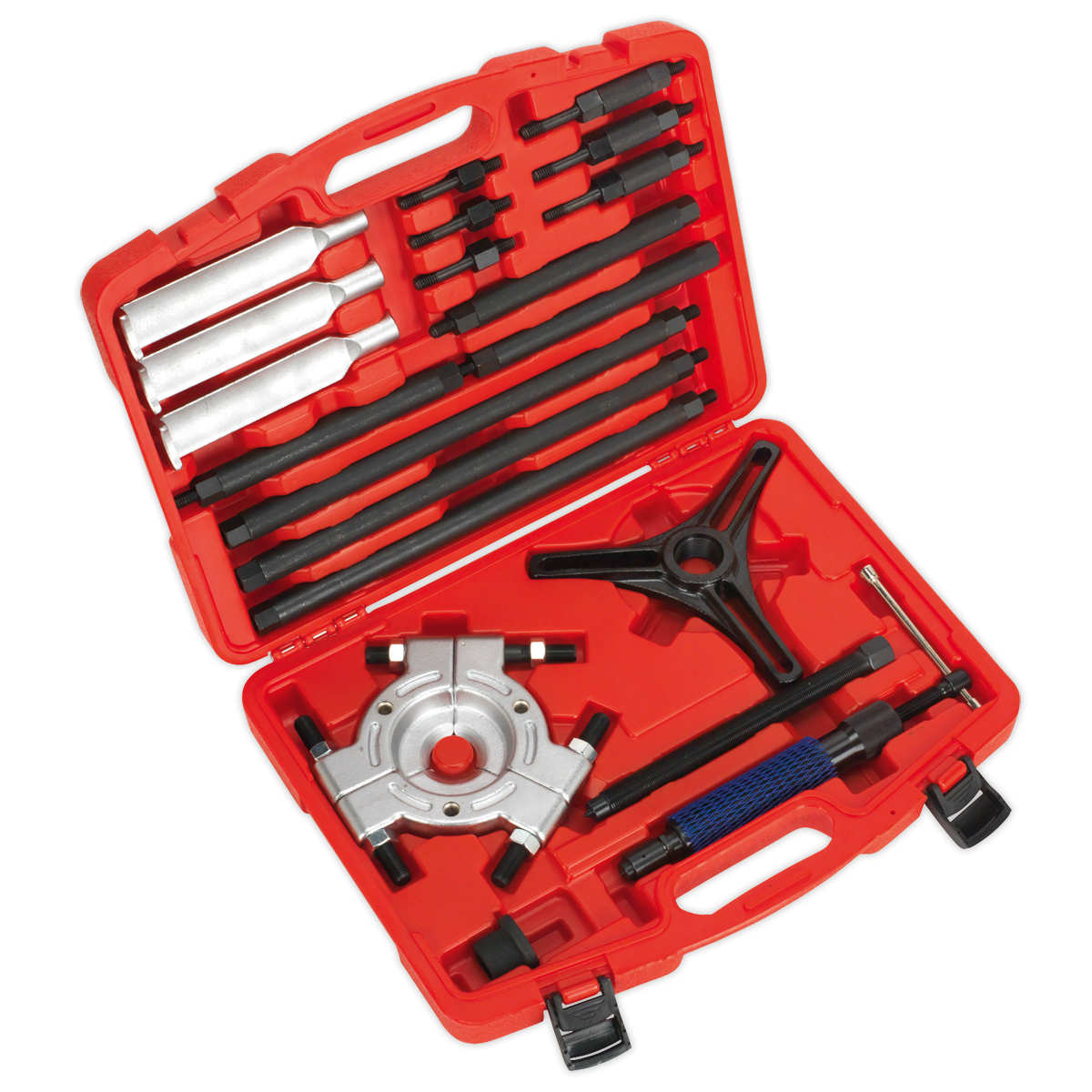 A red tool case from Sealey, the Hydraulic Bearing Separator/Puller - PS9821, featuring an assortment of black and silver steel tools such as a gear puller set, chisels, and other hand tools arranged in designated slots.