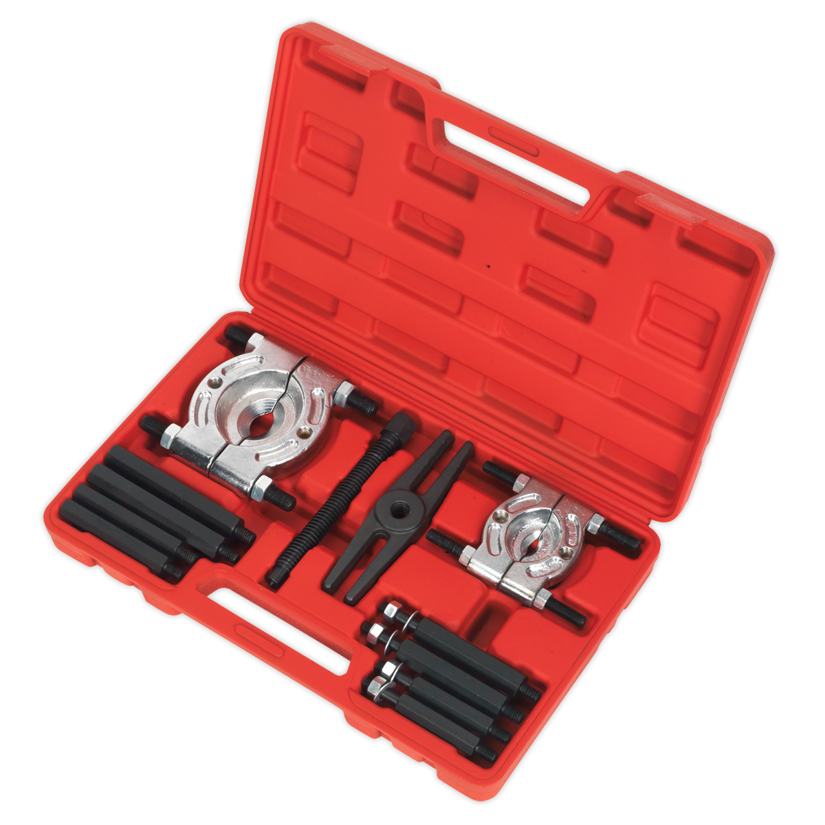 The Sealey Double Mechanical Bearing Separator/Puller Set 12pc - PS984 rests open in its red toolkit case, showcasing Ø25-50mm separators and a 170mm thrust bolt, all neatly organized in foam compartments.