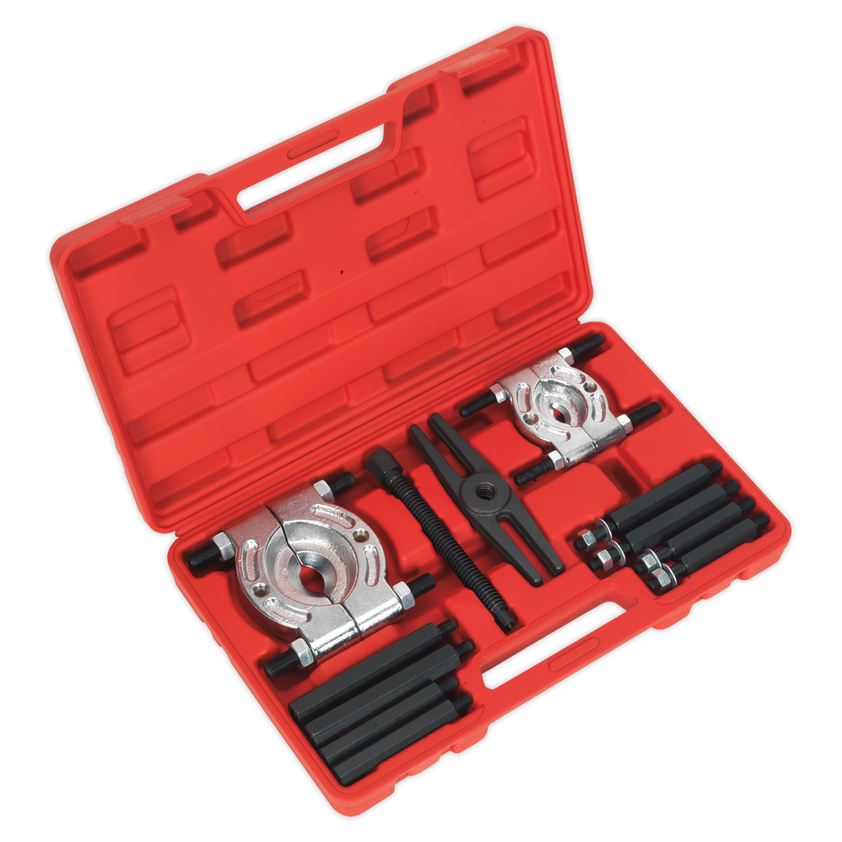 A Double Mechanical Bearing Separator/Puller Set 12pc (PS984) by Sealey comes in a red plastic case and includes Ø25-50mm separators, a 170mm thrust bolt, metal separators, a hexagonal puller, screws, and rods.