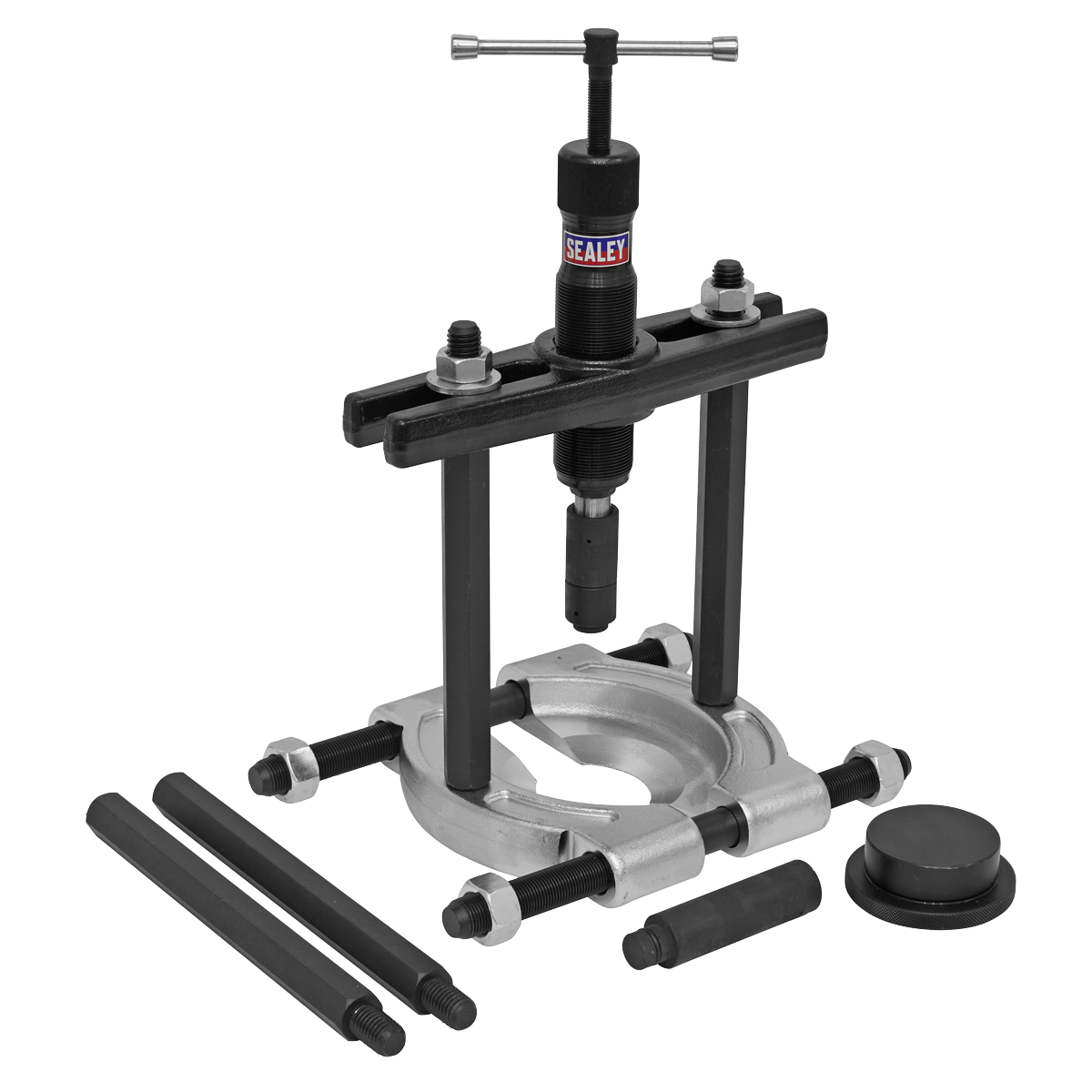 A heavy-duty bearing separator and puller set, the Hydraulic Bearing Separator/Puller Set 10pc - PS985 by Sealey, includes labeled parts such as threaded rods, a central forcing screw, and various attachments. Ideal for commercial vehicle bearings, it boasts a robust cast puller yoke for enhanced durability.