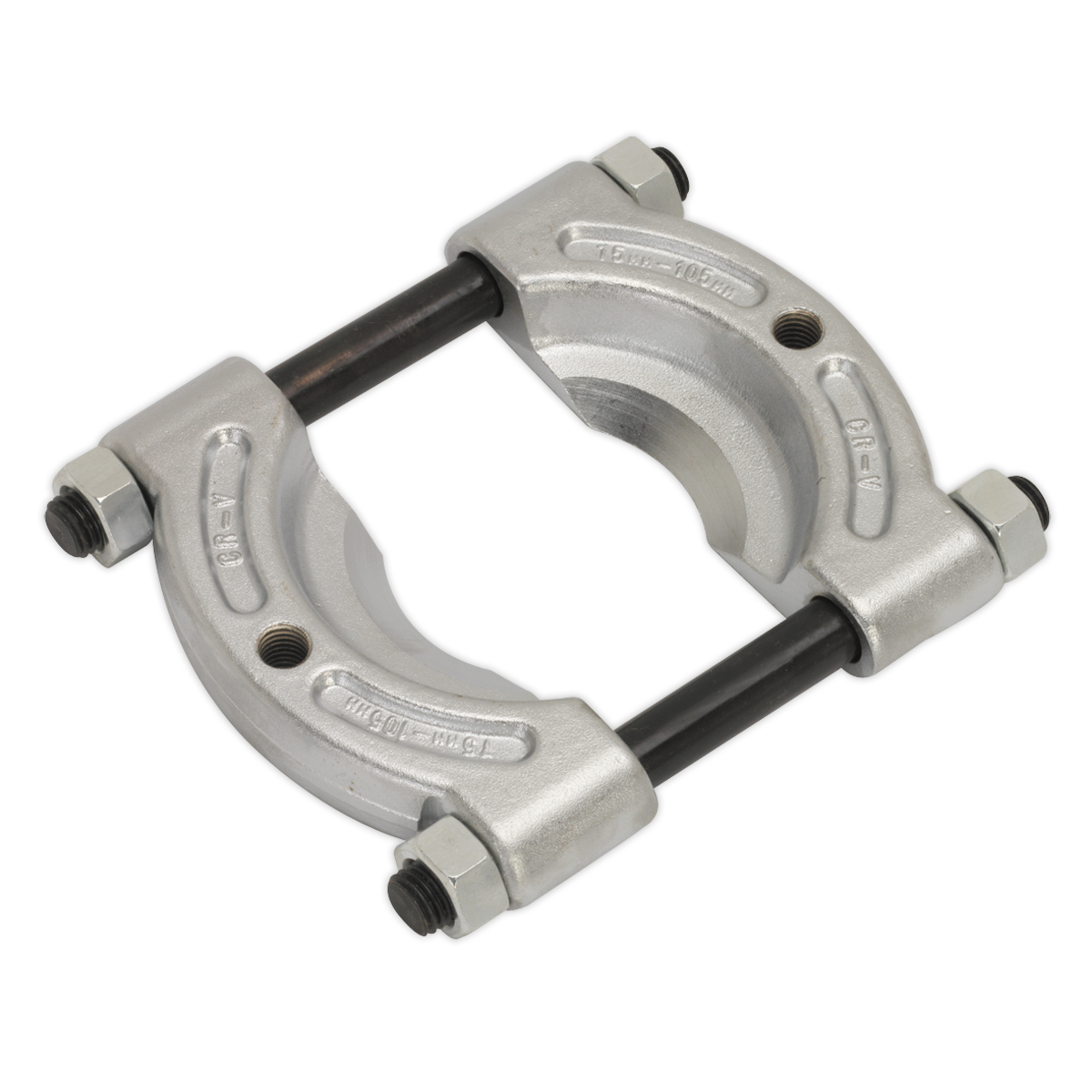 The Sealey Bearing Separator Ø75-105mm - PS988, featuring two curved, forged steel jaws and two black threaded rods, is designed for removing bearings, gears, and bushes from rotating machines.