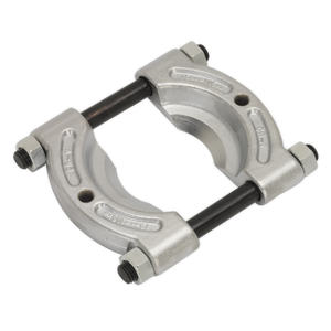 The Sealey Bearing Separator Ø75-105mm - PS988, featuring two curved, forged steel jaws and two black threaded rods, is designed for removing bearings, gears, and bushes from rotating machines.