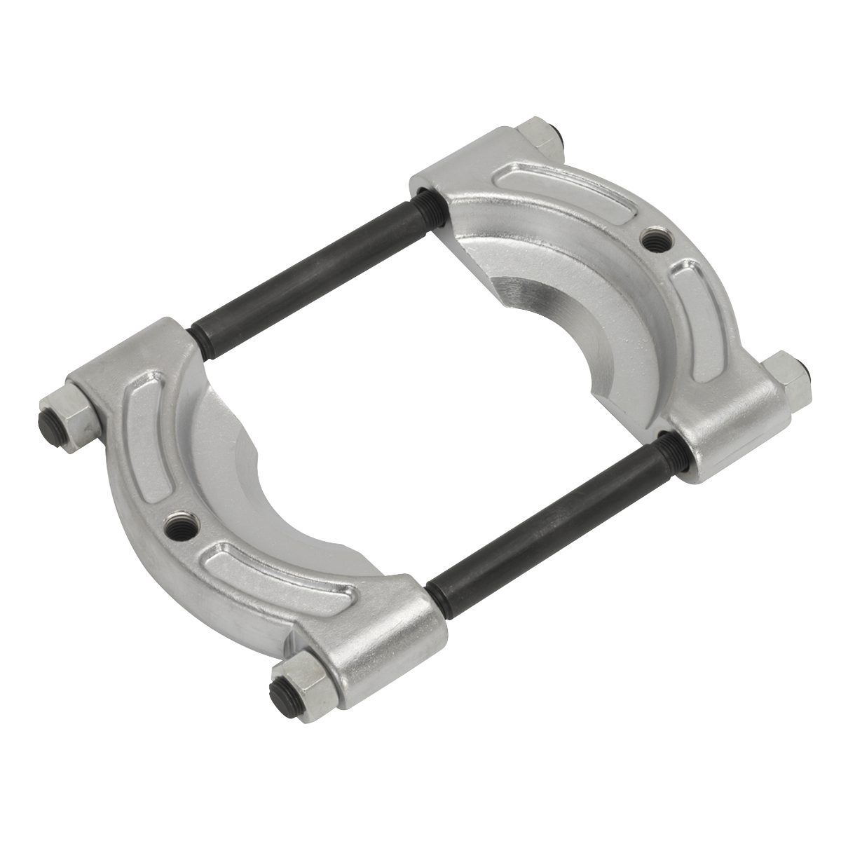 Introducing the Sealey Bearing Separator Ø105-150mm - PS989: two silver metallic pieces connected by two black rods, each secured with bolts at both ends, now enhanced with gears and bushes for precision.