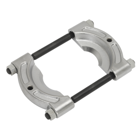 Introducing the Sealey Bearing Separator Ø105-150mm - PS989: two silver metallic pieces connected by two black rods, each secured with bolts at both ends, now enhanced with gears and bushes for precision.