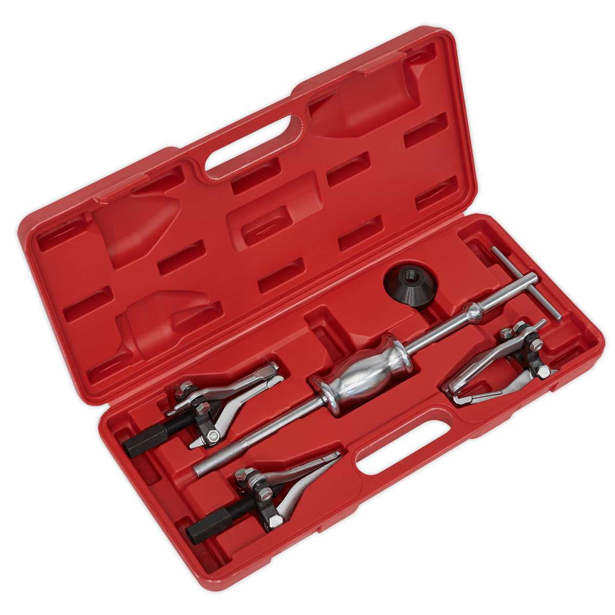 The Sealey Slide Hammer Gear/Bearing Puller Set 5pc - PS992 comes in a red plastic case and includes various attachments, such as triple leg pullers, suitable for automotive or mechanical use.