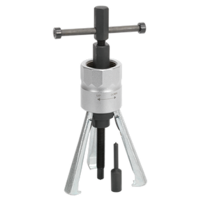The Sealey Micro-Puller Fast Fit Ø19-45mm 71mm Reach - PS995, a three-legged gear puller with a T-handle adjusting knob, is shown with an additional attachment for bearing removal in automotive applications.
