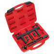 The Sealey Crankshaft Pulley Removal Tool Set 12pc - PS997 is a red plastic carrying case containing a variety of specialized black metal components for crankshaft pulleys removal.