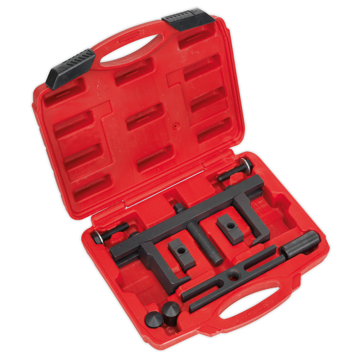 The Sealey Crankshaft Pulley Removal Tool Set 12pc - PS997 is a red plastic carrying case containing a variety of specialized black metal components for crankshaft pulleys removal.