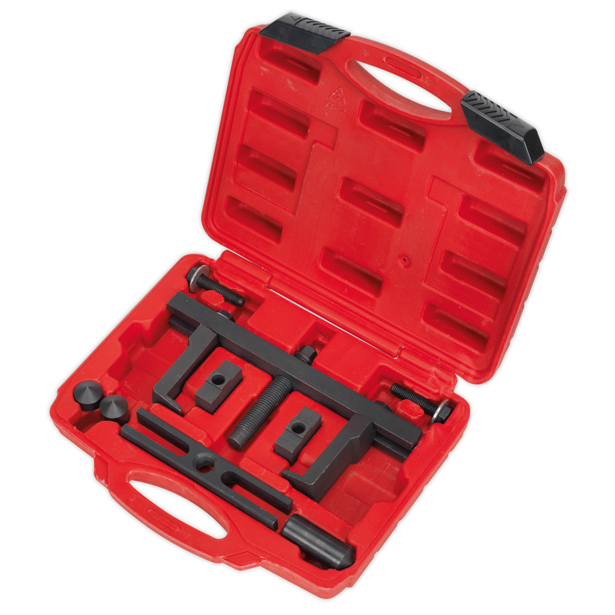 The Sealey Crankshaft Pulley Removal Tool Set 12pc - PS997 comes in a red plastic case, featuring a set of black metal automotive timing tools specially designed for crankshaft pulley removal, all organized neatly in designated compartments.