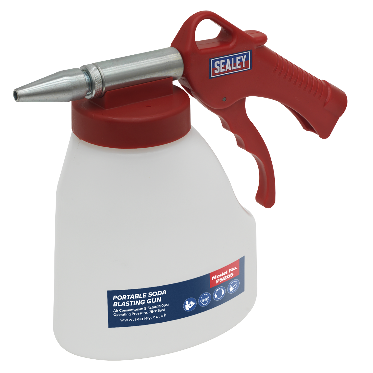 A red and white Sealey portable soda blasting gun with a silver adjustable nozzle, labeled as model number PSB05, ideal for paint removal.