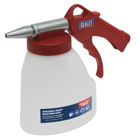 A red and white Sealey portable soda blasting gun with a silver adjustable nozzle, labeled as model number PSB05, ideal for paint removal.