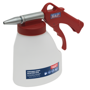 A red and white Sealey portable soda blasting gun with a silver adjustable nozzle, labeled as model number PSB05, ideal for paint removal.