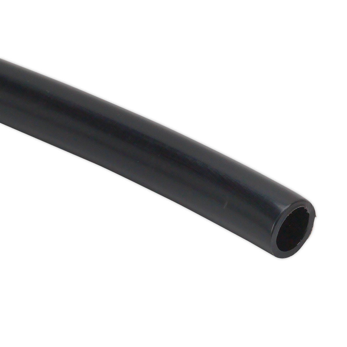 A close-up image of the Sealey Polyethylene Tubing 12mm x 100m Black (John Guest Speedfit® - PE1209100ME) - PT12100, highlighting its smooth surface and open cylindrical end, perfect for use in a pneumatic coupling system.