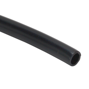A close-up image of the Sealey Polyethylene Tubing 12mm x 100m Black (John Guest Speedfit® - PE1209100ME) - PT12100, highlighting its smooth surface and open cylindrical end, perfect for use in a pneumatic coupling system.
