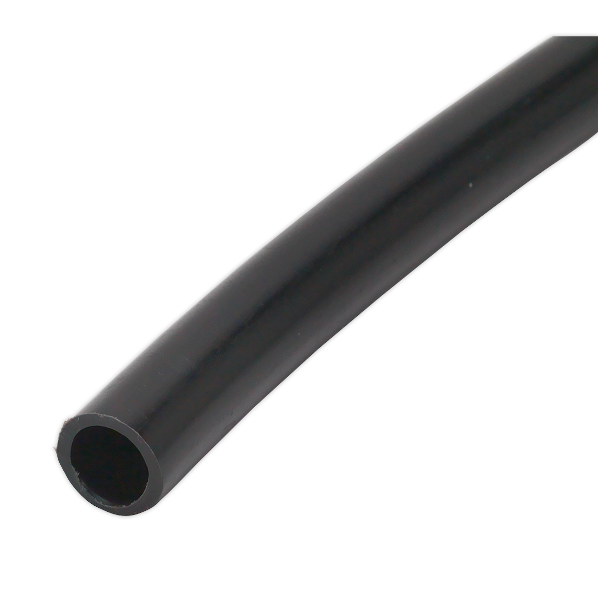 A Sealey Polyethylene Tubing 12mm x 100m in black (John Guest Speedfit® - PE1209100ME, PT12100) featuring a smooth outer surface and an open end.