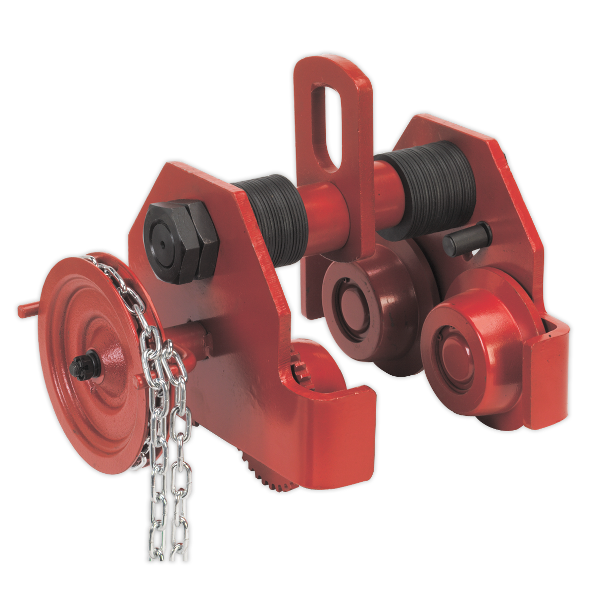 The Sealey Trolley Geared 3 Tonne - PT3000G features a red industrial design with two wheels, a threaded adjustment bolt, an attachment hook, and a chain mechanism. Its versatile build ensures compatibility with both lever hoists and chain blocks.