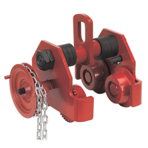 The Sealey Trolley Geared 3 Tonne - PT3000G features a red industrial design with two wheels, a threaded adjustment bolt, an attachment hook, and a chain mechanism. Its versatile build ensures compatibility with both lever hoists and chain blocks.