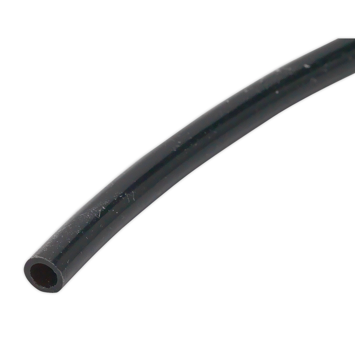 Close-up image of Sealey Polyethylene Tubing 6mm x 100m Black (John Guest Speedfit® - PE06040100ME) - PT6100 with a hollow center, shown against a white background.