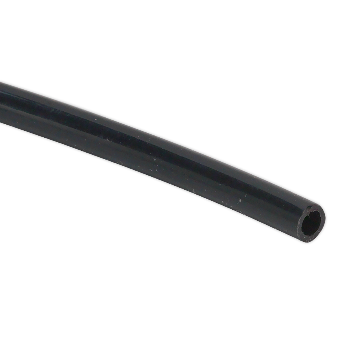 Close-up of a black, flexible Polyethylene Tubing 6mm x 100m (John Guest Speedfit® - PE06040100ME) - PT6100 by Sealey, featuring its hollow center, shown against a white background.