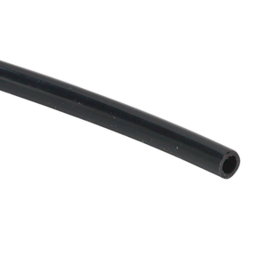 Close-up of a black, flexible Polyethylene Tubing 6mm x 100m (John Guest Speedfit® - PE06040100ME) - PT6100 by Sealey, featuring its hollow center, shown against a white background.