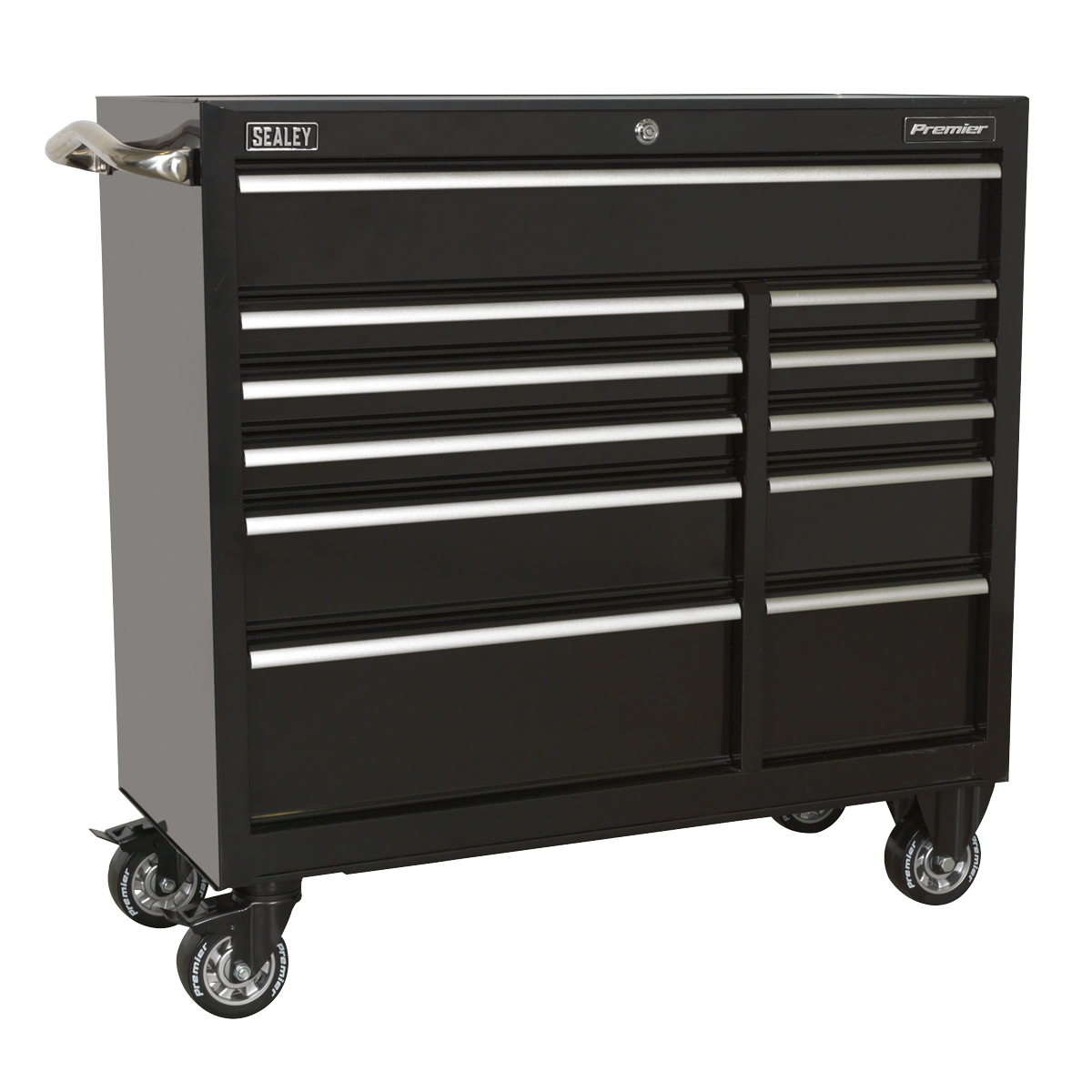 The Sealey Rollcab 11 Drawer 1055mm Heavy-Duty Black - PTB105511 is a black wheeled toolbox featuring heavy-duty welded steel construction, equipped with two handle bars on the sides. It includes eleven drawers: three large and eight smaller ones.