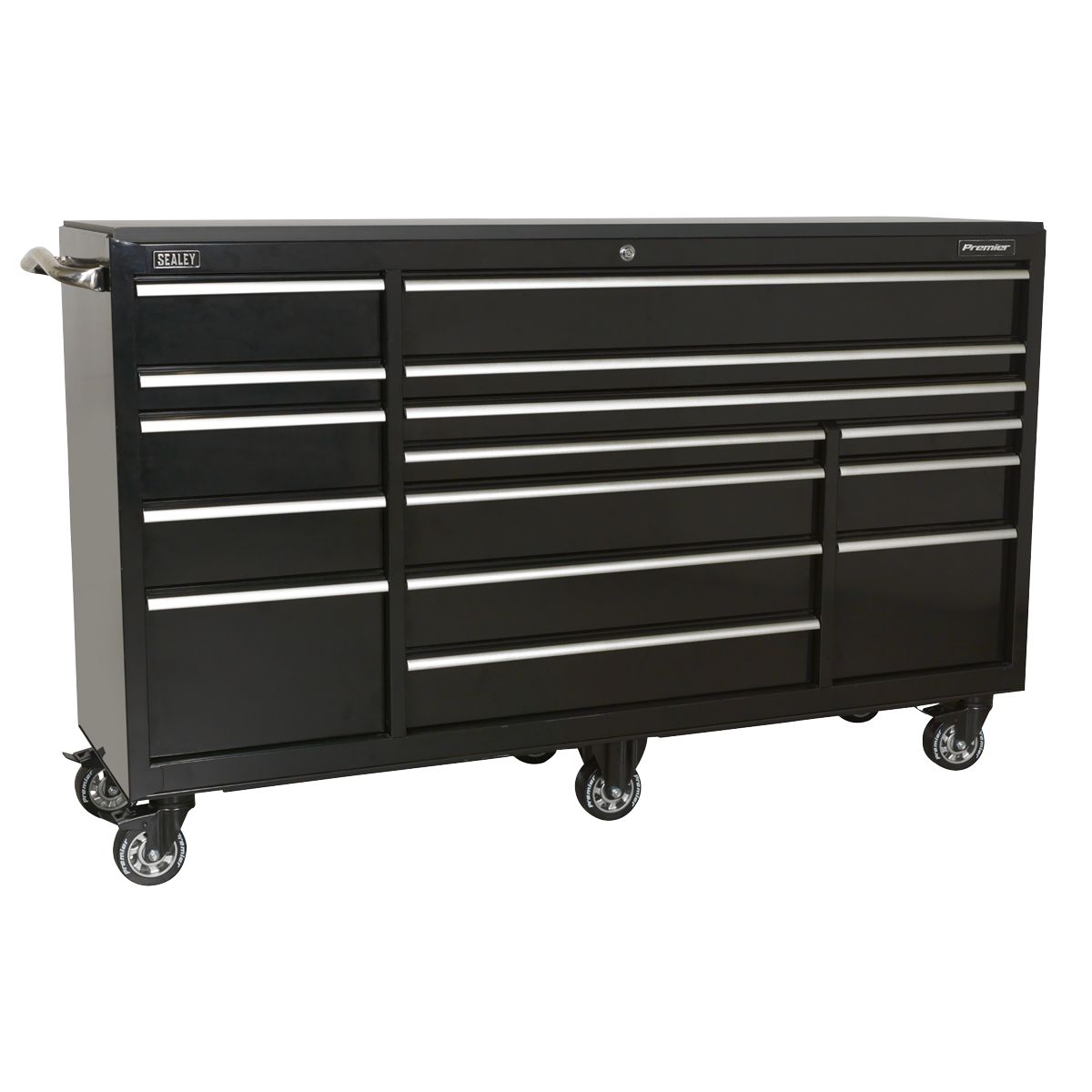 The Sealey Rollcab 15 Drawer 1845mm Heavy-Duty Black - PTB183015 is a large rolling tool chest in black with multiple drawers and a top lock, featuring durable heavy-duty steel construction and an integral locking system for secure, organized tool storage.