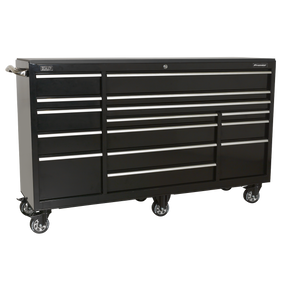 The Sealey Rollcab 15 Drawer 1845mm Heavy-Duty Black - PTB183015 is a large rolling tool chest in black with multiple drawers and a top lock, featuring durable heavy-duty steel construction and an integral locking system for secure, organized tool storage.