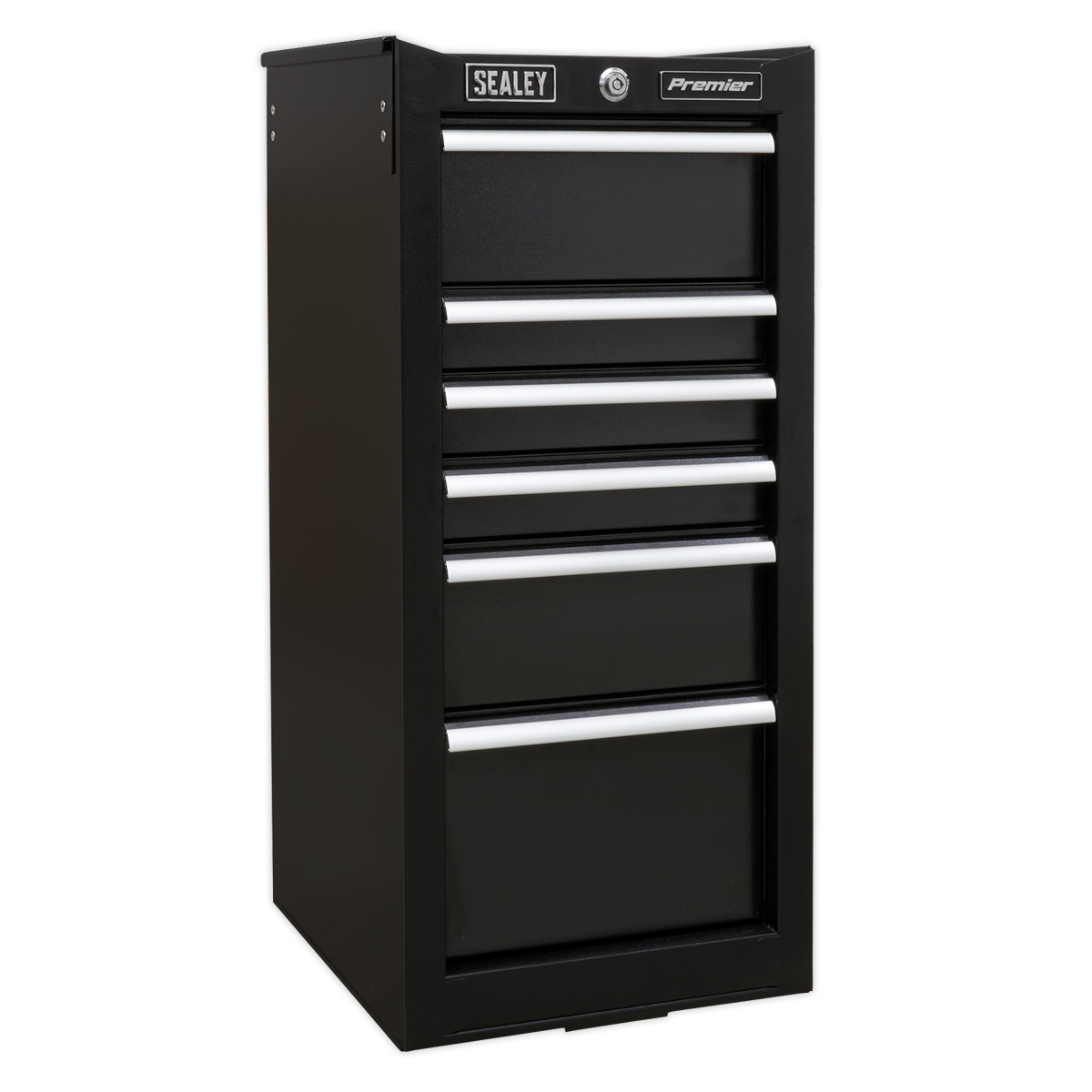 A Sealey Hang-On Chest 6 Drawer Heavy-Duty - PTB40506 tool cabinet, featuring six drawers with silver handles and built with heavy-duty welded steel construction. The upright cabinet boasts an integral locking system and ball-bearing drawer slides for smooth operation.