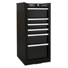 A Sealey Hang-On Chest 6 Drawer Heavy-Duty - PTB40506 tool cabinet, featuring six drawers with silver handles and built with heavy-duty welded steel construction. The upright cabinet boasts an integral locking system and ball-bearing drawer slides for smooth operation.