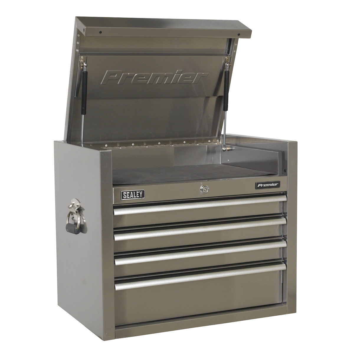 A stainless steel Topchest, model PTB66004SS by Sealey, with the lid open, revealing four drawers equipped with ball-bearing drawer slides. The "Sealey" and "Premier" logos are prominently displayed on the front.