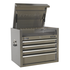 A stainless steel Topchest, model PTB66004SS by Sealey, with the lid open, revealing four drawers equipped with ball-bearing drawer slides. The "Sealey" and "Premier" logos are prominently displayed on the front.