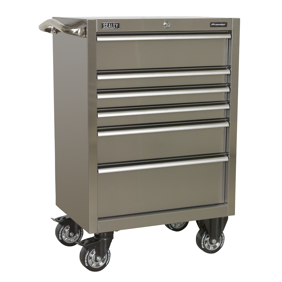 The Sealey Rollcab PTB67506SS is a heavy-duty 675mm stainless steel rolling tool chest featuring six drawers, four caster wheels, and ball-bearing drawer slides for smooth operation.