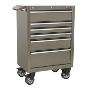 The Sealey Rollcab PTB67506SS is a heavy-duty 675mm stainless steel rolling tool chest featuring six drawers, four caster wheels, and ball-bearing drawer slides for smooth operation.