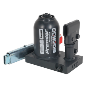 A black Sealey Premier Telescopic Bottle Jack 2 Tonne - PTBJ2 sits on a one-piece steel base, featuring an adjustment lever, a telescopic hydraulic ram, and clearly visible safety instructions.