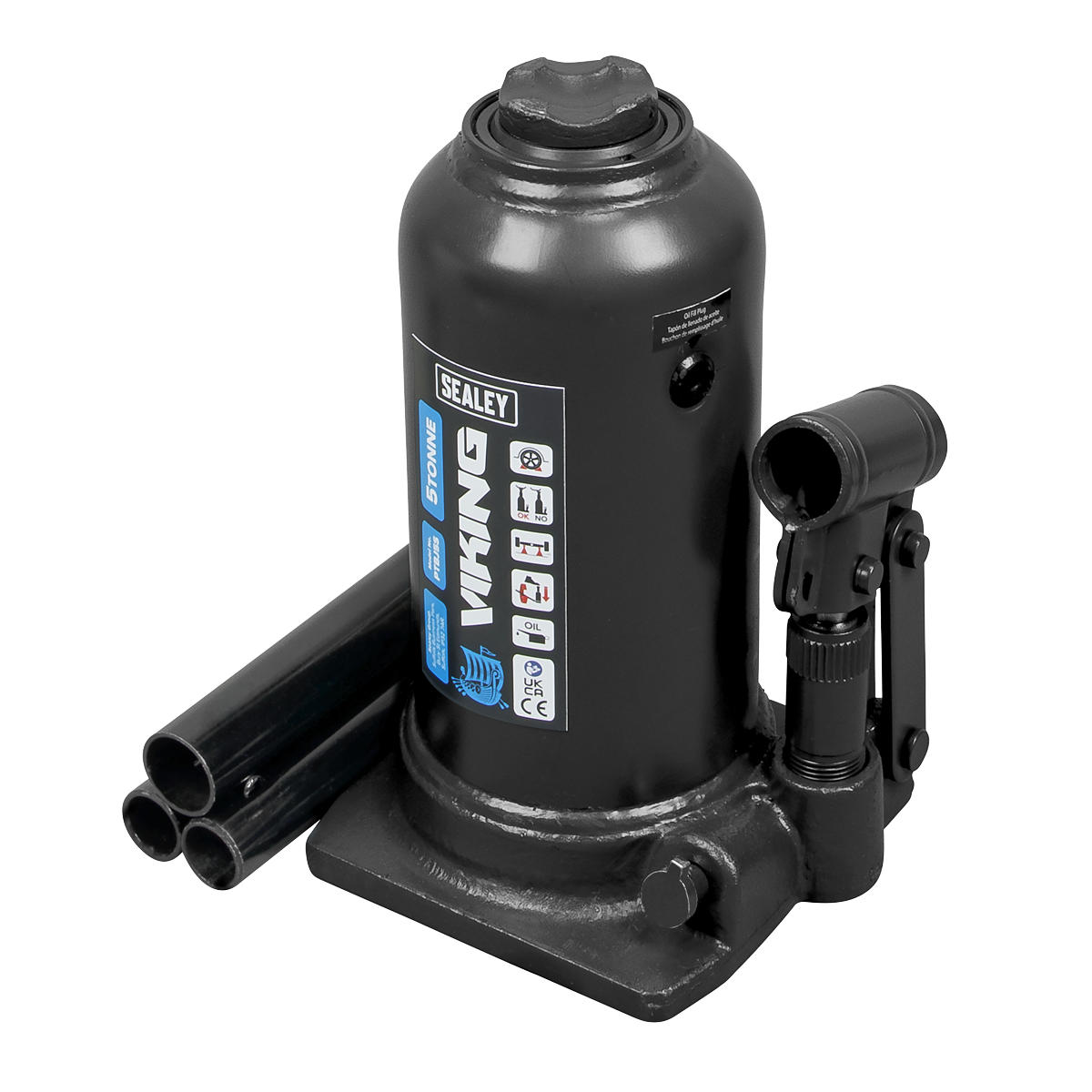 A black hydraulic bottle jack labeled "Viking Telescopic Bottle Jack 5 Tonne - PTBJ5S" from Sealey features high-quality ENP rams and comes with a 3-piece handle detached and placed beside it.