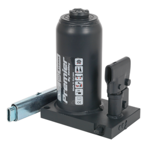 The Sealey Premier Telescopic Bottle Jack 5 Tonne - PTBJ5 is a black, cylindrical hydraulic jack with a metallic lifting rod and features a safety overload valve. It has a control knob, is mounted on a one-piece steel base, and has multiple safety and operational labels visible on the side.