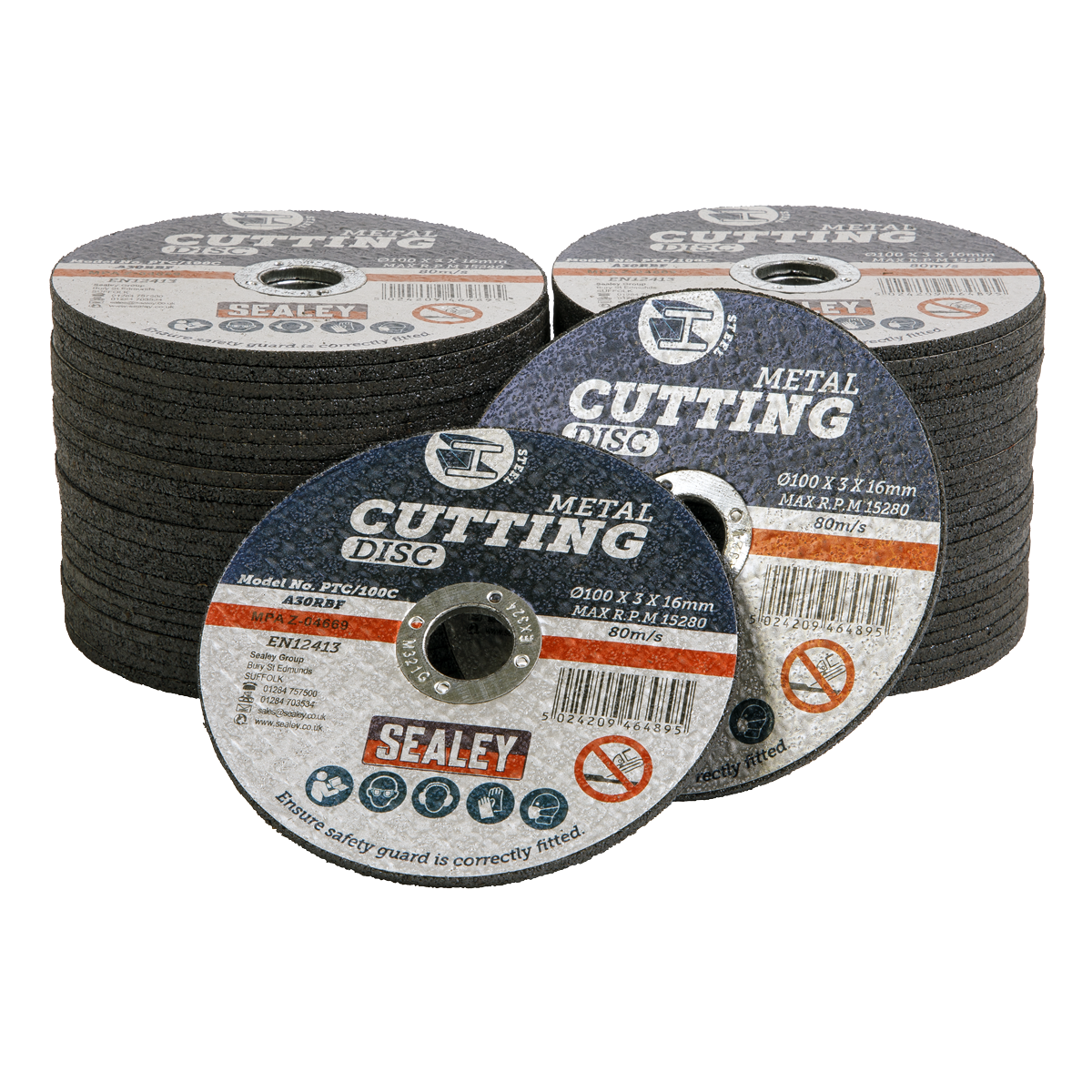 The Sealey Cutting Disc Pack of 50 Ø100 x 3mm Ø16mm Bore - PTC/100C50 is shown, each disc labeled with specifications such as "100 x 3 x 16mm" and "MAX RPM: 15300," along with warnings and safety icons. These general-purpose flat cutting discs are ideal for use with grinding and cutting power tools.