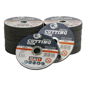 The Sealey Cutting Disc Pack of 50 Ø100 x 3mm Ø16mm Bore - PTC/100C50 is shown, each disc labeled with specifications such as "100 x 3 x 16mm" and "MAX RPM: 15300," along with warnings and safety icons. These general-purpose flat cutting discs are ideal for use with grinding and cutting power tools.