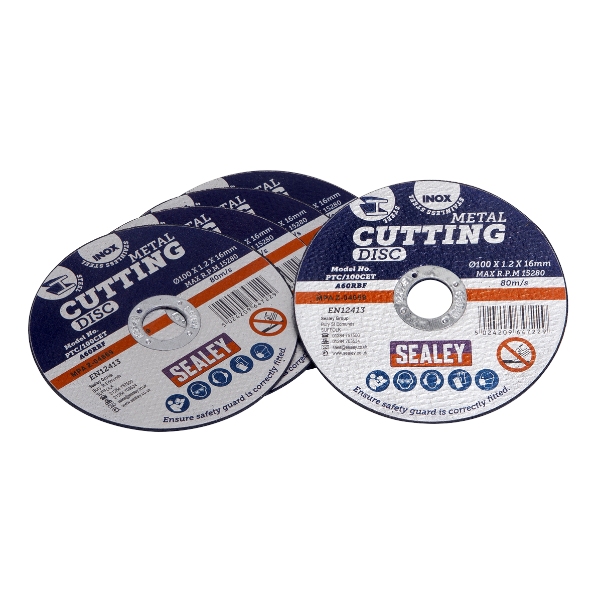 Pack of 100 Sealey cutting discs, model PTC/100CET100, 100mm x 1.2mm x 16mm bore size, max RPM of 15,280, for general-purpose abrasive cutting—including stainless steel—ensure safety guard is correctly fitted.