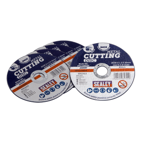 Three Sealey Cutting Disc Ø100 x 1.2mm Ø16mm Bore Pack of 5 - PTC/100CET5 with blue and white labels. These general-purpose flat cutting discs, measuring 100mm in diameter and 1.2mm thick, are ideal for use with grinding and cutting power tools.