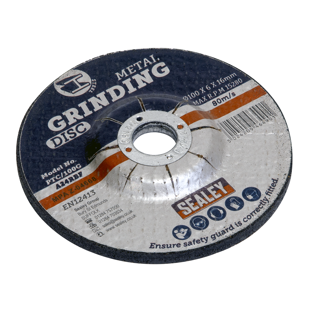 Image of a Sealey grinding disc with aluminium oxide, prominently displaying the label with specifications: model number PTC/100G, size 100x6mm with a 16mm bore, max RPM 15,280 and speed 80m/s. The durable depressed centre disc design makes it ideal for metal grinding applications.