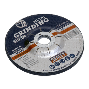 Image of a Sealey grinding disc with aluminium oxide, prominently displaying the label with specifications: model number PTC/100G, size 100x6mm with a 16mm bore, max RPM 15,280 and speed 80m/s. The durable depressed centre disc design makes it ideal for metal grinding applications.