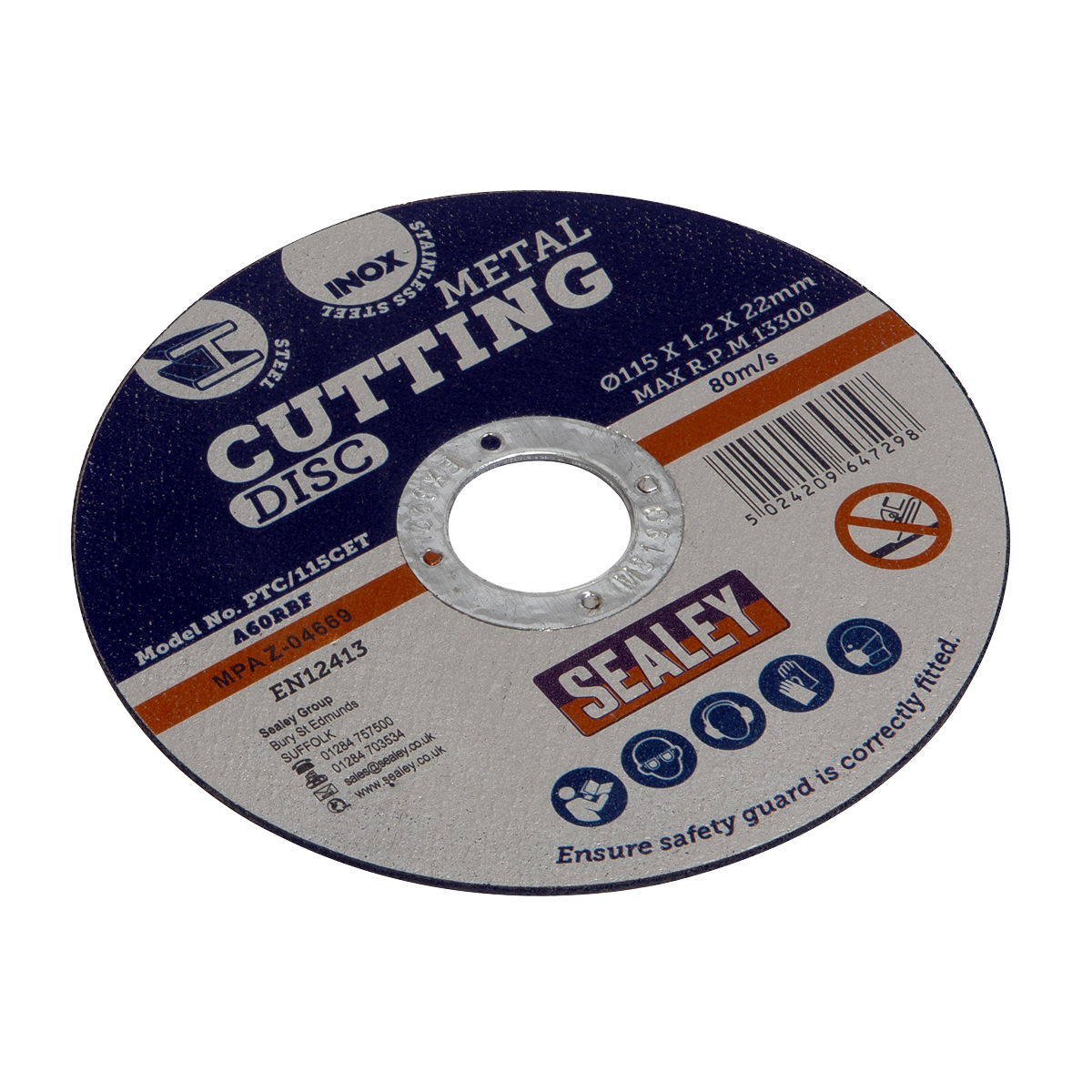 The Cutting Disc, model PTC/115CET from the Sealey brand, features dimensions of 115x1.2mm with a 22mm bore and operates at a maximum RPM of 13,300. Designed for grinding and cutting power tools, this disc is suitable for stainless steel and is presented on a white background.