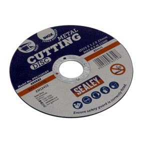 The Cutting Disc, model PTC/115CET from the Sealey brand, features dimensions of 115x1.2mm with a 22mm bore and operates at a maximum RPM of 13,300. Designed for grinding and cutting power tools, this disc is suitable for stainless steel and is presented on a white background.