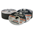 Stacks of **Sealey Cutting Disc Packs (Pack of 50, Ø115 x 1.6mm, Ø22mm Bore - PTC/115CT50)** are arranged, showing labels with specifications for size, material, and usage instructions. These cutting power tools are designed for stainless steel and various other materials.