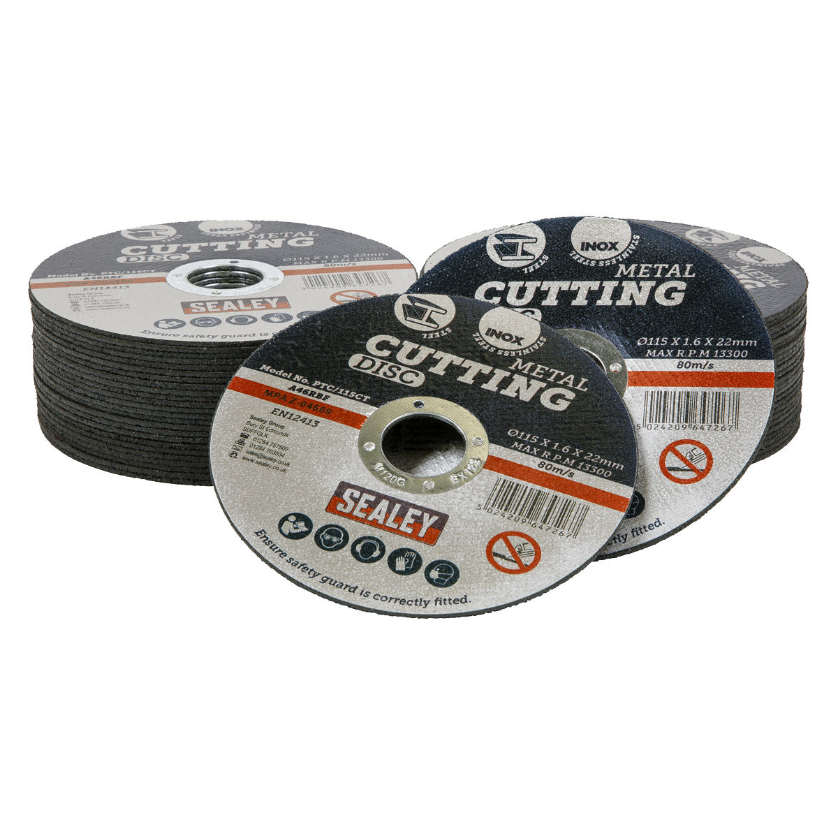 Stacks of **Sealey Cutting Disc Packs (Pack of 50, Ø115 x 1.6mm, Ø22mm Bore - PTC/115CT50)** are arranged, showing labels with specifications for size, material, and usage instructions. These cutting power tools are designed for stainless steel and various other materials.