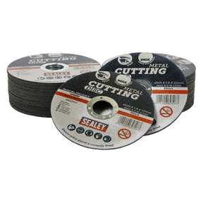 Stacks of **Sealey Cutting Disc Packs (Pack of 50, Ø115 x 1.6mm, Ø22mm Bore - PTC/115CT50)** are arranged, showing labels with specifications for size, material, and usage instructions. These cutting power tools are designed for stainless steel and various other materials.