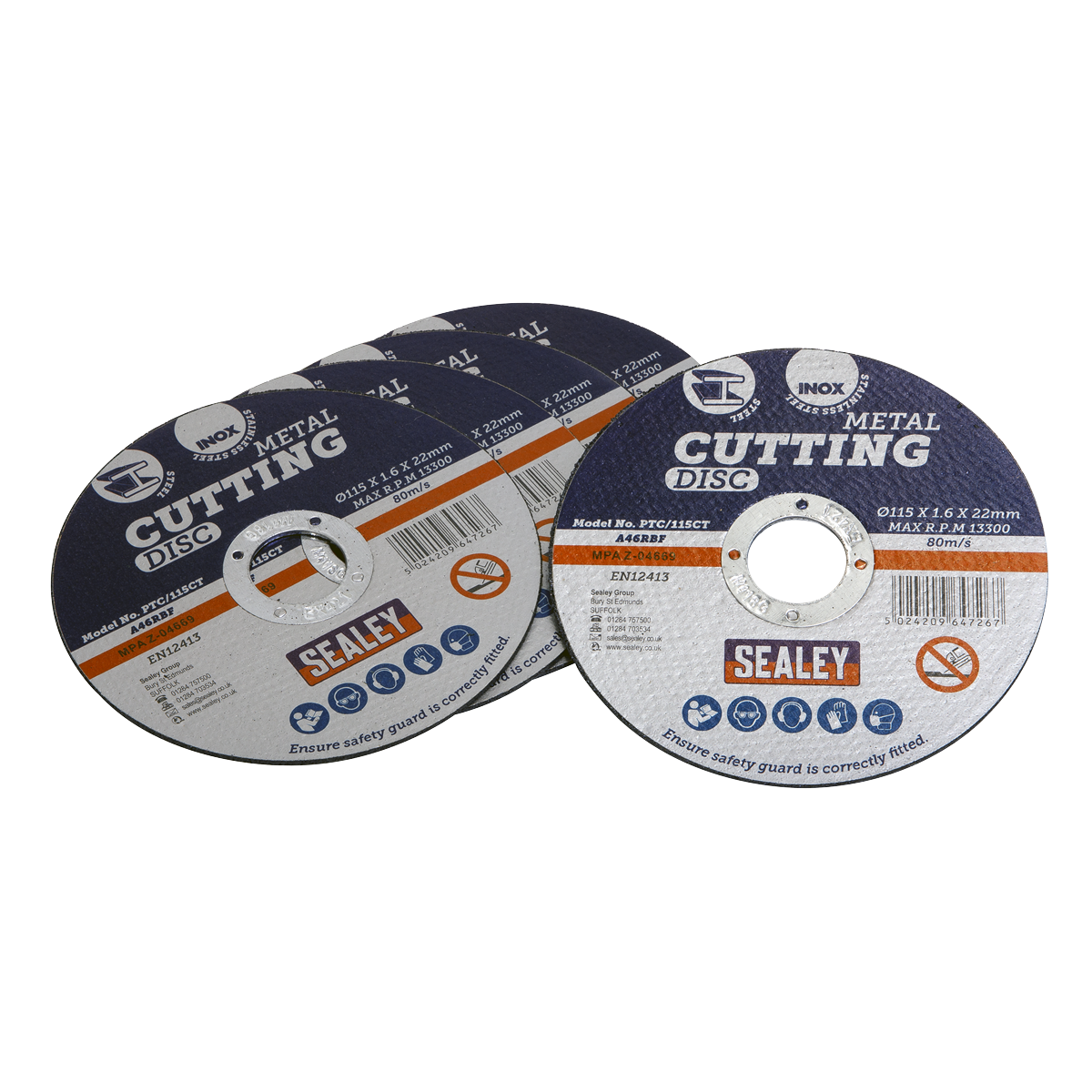 Four Sealey Cutting Discs (Ø115 x 1.6mm, Ø22mm Bore) from the PTC/115CT5 pack are laid out. These discs are labeled for cutting metal and feature safety instructions on their labels, making them perfect for use with your cutting power tools.