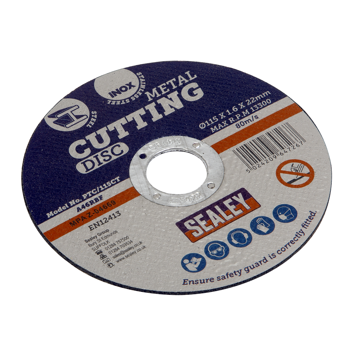 The Sealey Cutting Disc Ø115 x 1.6mm with a Ø22mm bore, model number PTC/115CT, is designed for stainless steel and has a maximum RPM of 13,300. Ensure the safety guard is correctly fitted when using this efficient grinding tool.